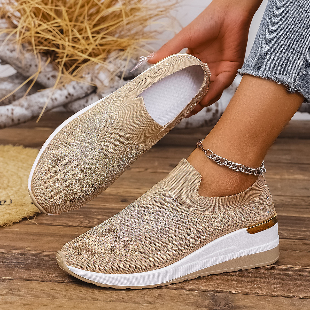 Pumps Women's Summer Wedge Round Toe Rhinestone Slip-on Women's Pumps Pumps foto 3