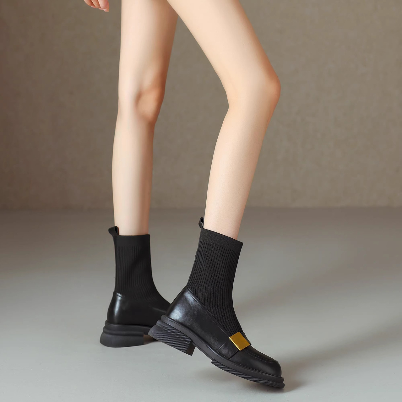 Knitted Stretch Chunky Heel Retro Women's Ankle Boots foto 2