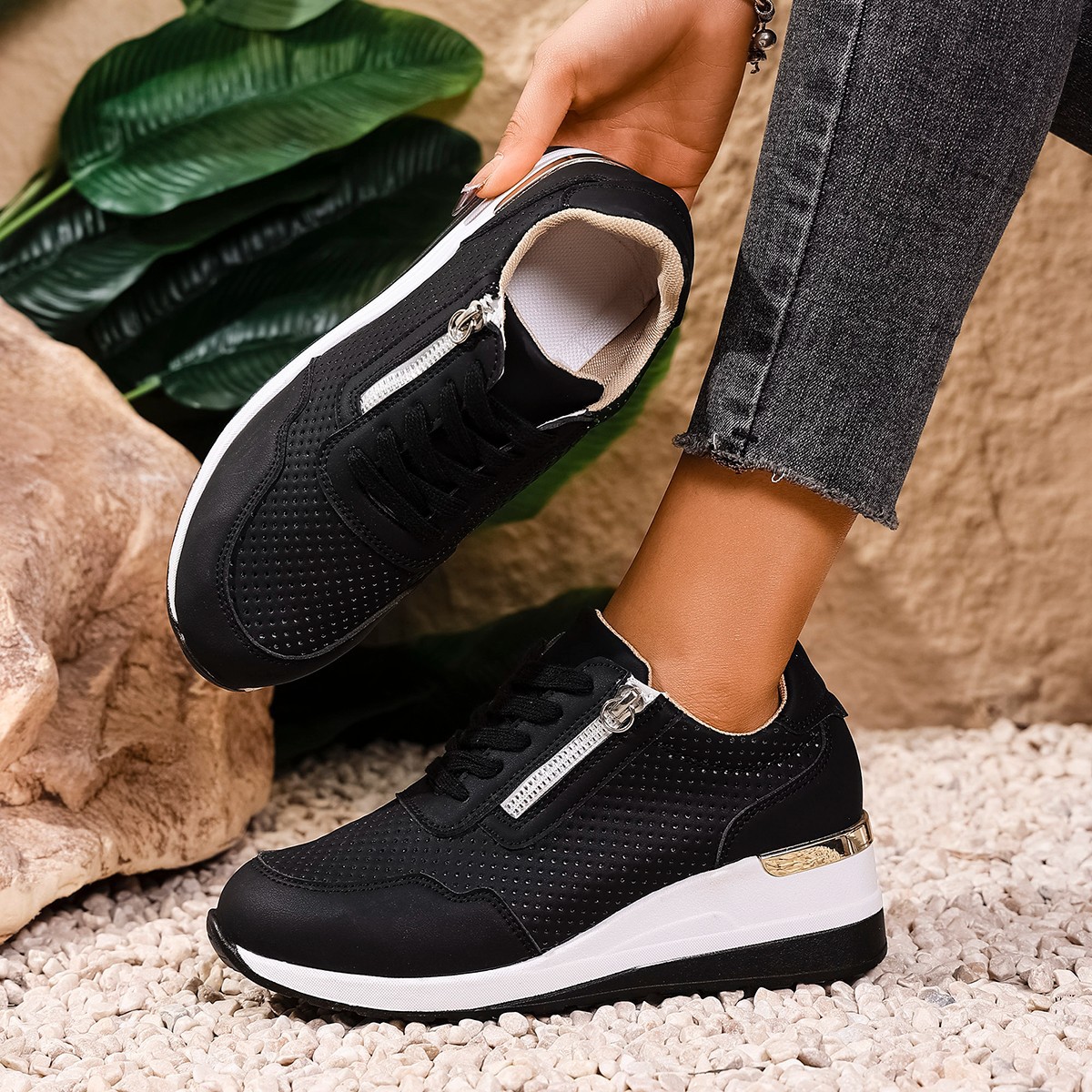 Womens Casual Wedge Mid-heel Lace-up Athletic Shoes foto 5