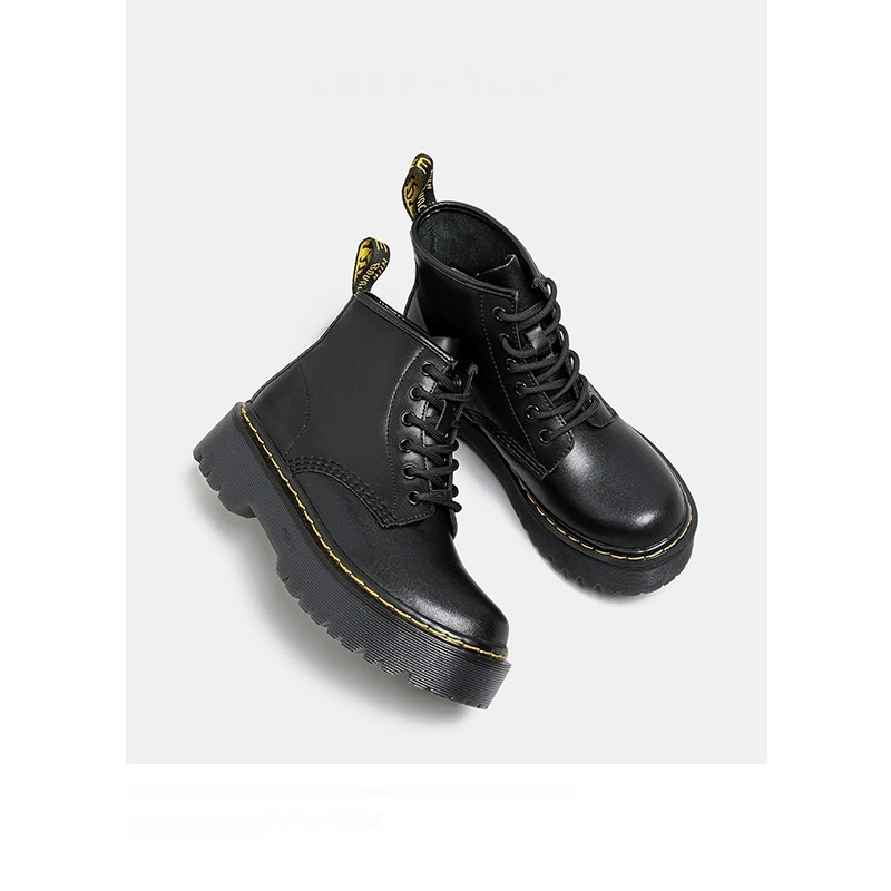 Platform Martin Boots Women's Thickened Real Leather Black Flat Bottom foto 5