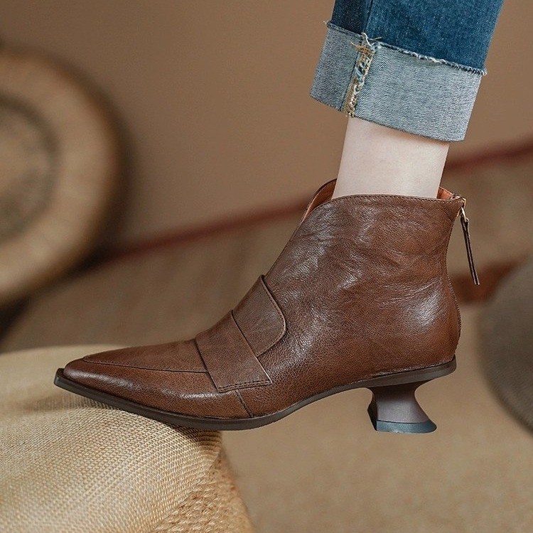 Womens French-style Vintage Pointed-toe Mid-heel Ankle Boots foto 3