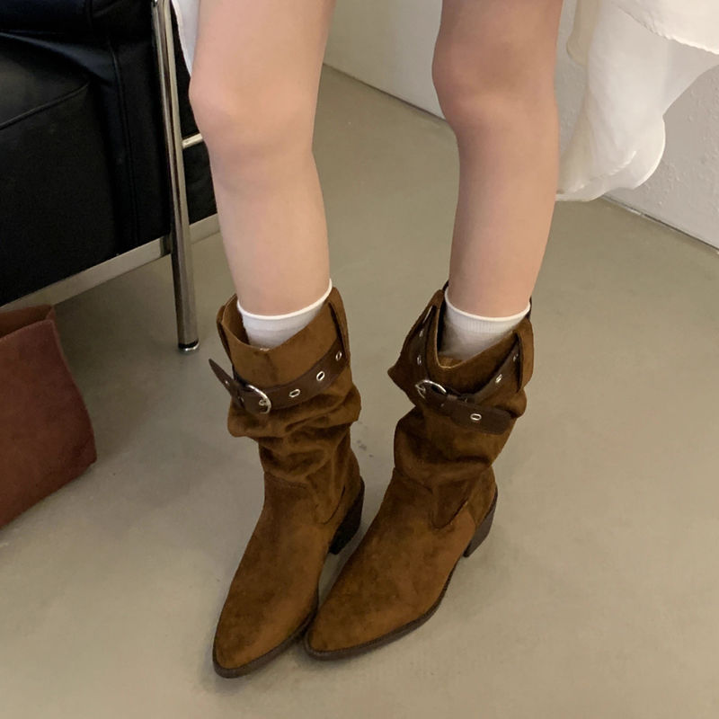 Western Cowboy Mid-calf Thick Heel Pointed Toe High Fold Stack Boots foto 4