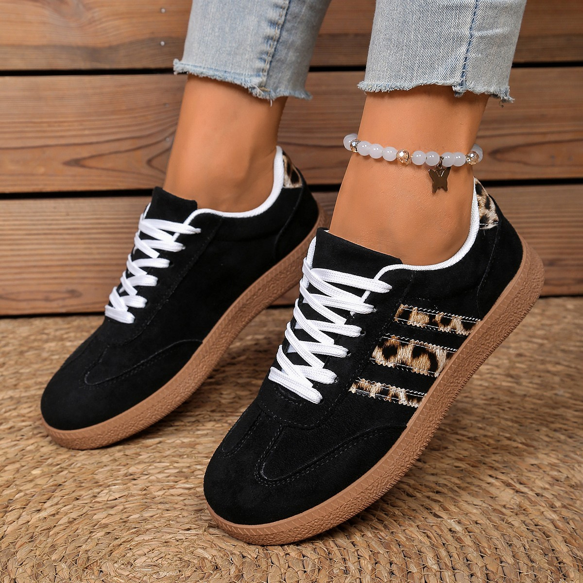 Springautumn New Vintage Leopard-print White Shoes Round-toe Lace-up Large-size Casual All-match Sneakers foto 5