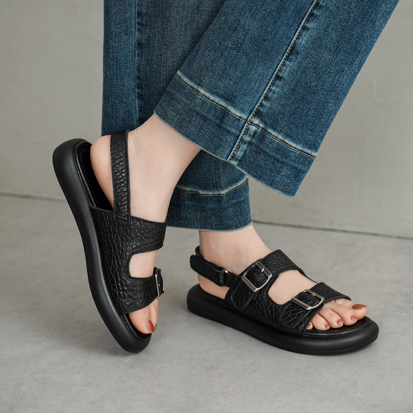 Women's Handmade Full-Grain Sheepskin Double Buckle Platform Sandals, Adjustable Ankle Strap Shoes foto 3