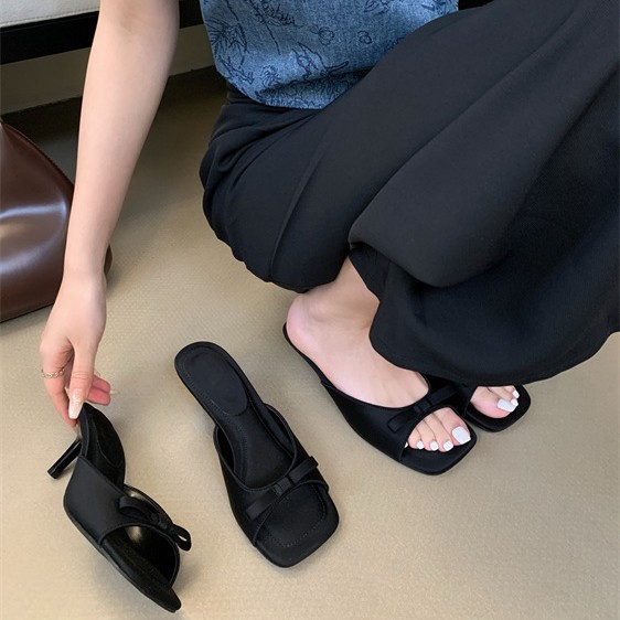 French-style Sophisticated Bow-tie Square-toe Open-toe Stiletto Sandals For Women foto 2