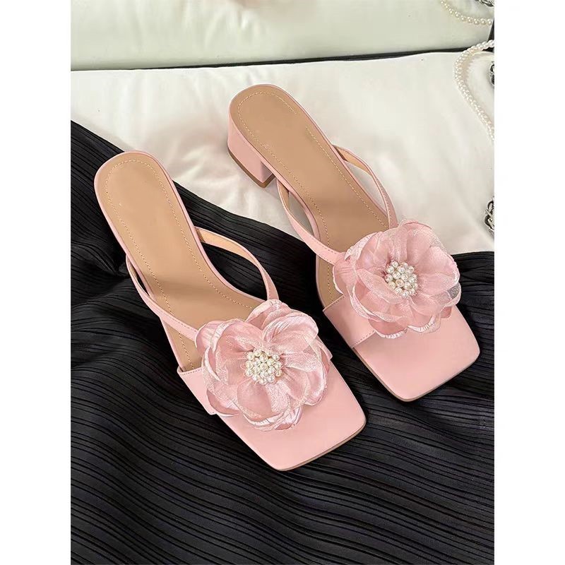 Fashion Flower Chunky Heel Square Toe One-line Women's Sandals foto 2