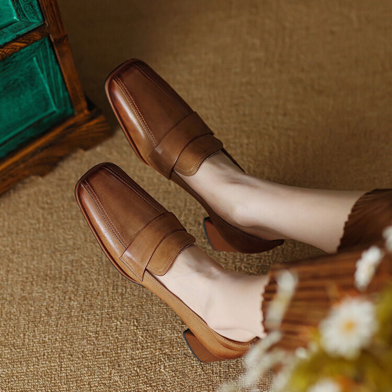 Square-toe Chunky-heel Mid-heel Low-cut Shoes foto 4