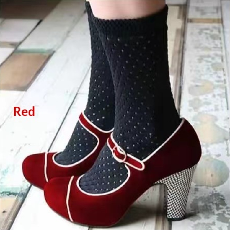 Womens Retro Round-Toe Low-Heel Pumps With Ankle Strap Buckle foto 2