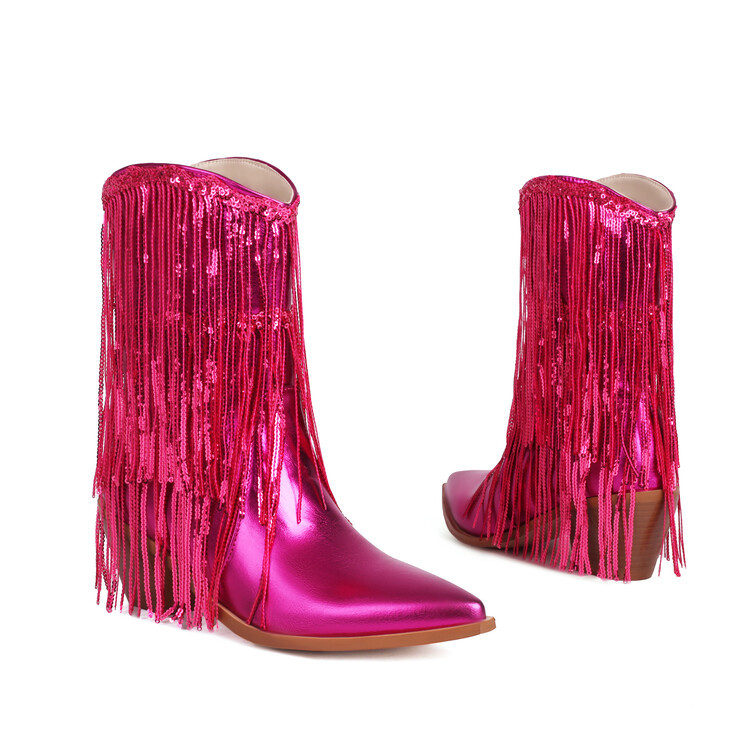 Sexy Sequin Tassel Pointed-Toe Chunky-Heel Ankle Boots For Women foto 4