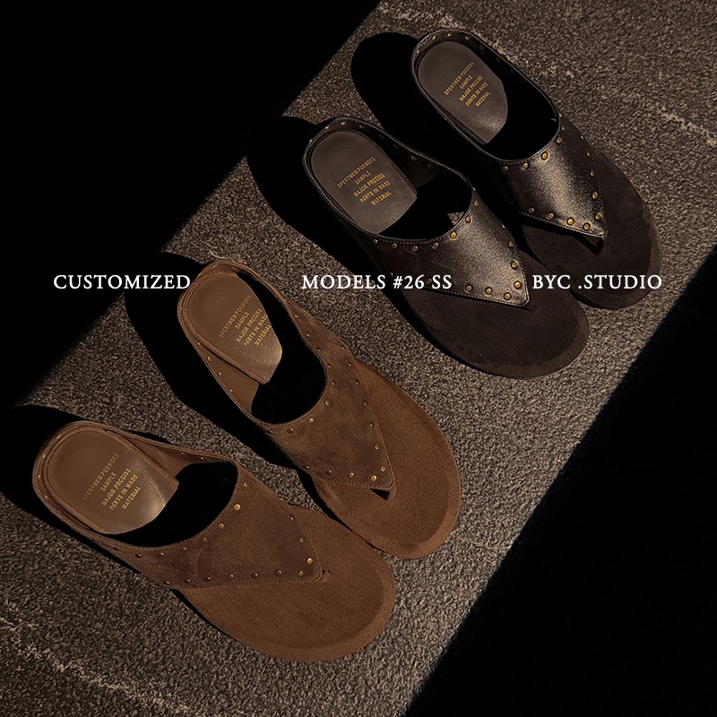 Women's Handmade Washed Cow Leather Studded Thong Mules, Premium Full-Grain Leather Kitten Heel Sandals foto 5