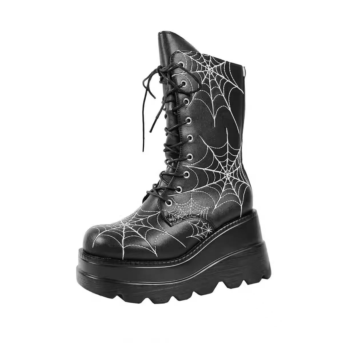 Womens Wedge-Heel Thick-Soled Spiderweb-Design Plus-Size Boots foto 4