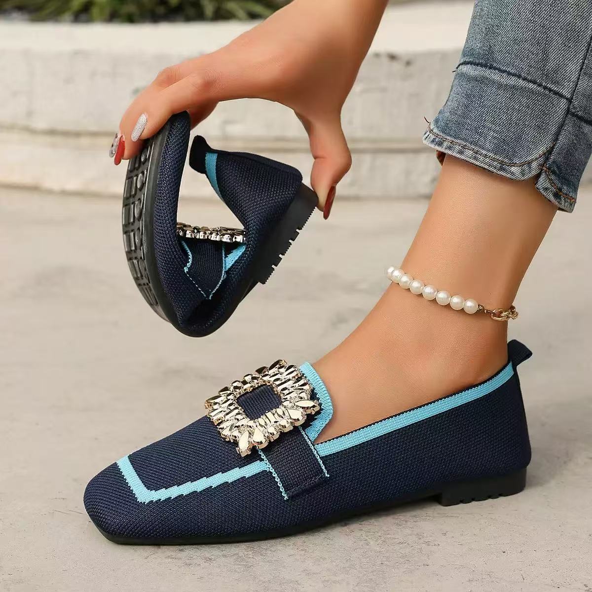 Flyknit Slip-on Square Toe Rhinestone Breathable Plus Size Women's Flat Shoes foto 2