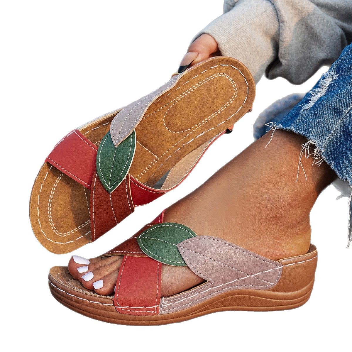 Women's Thick-soled Shoes Cross-strap Color Matching Peep-toe Slippers foto 4