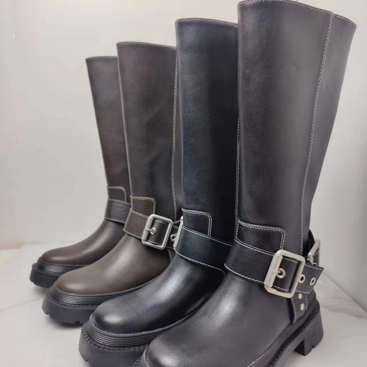 Women's Brown Retro Height Increasing Buckle Decoration High Knight Platform Boots foto 3