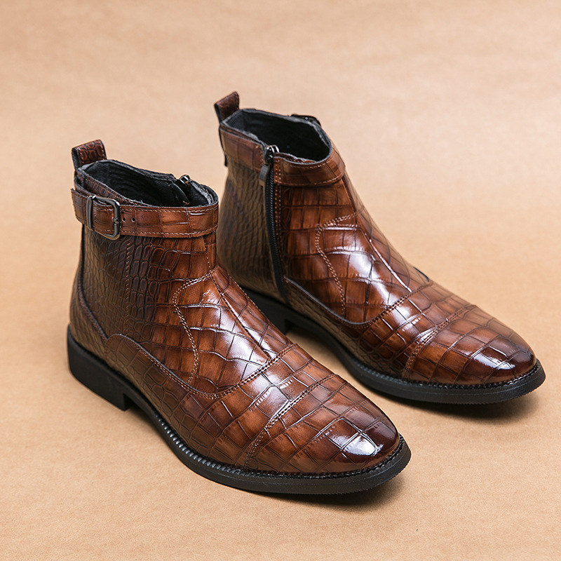 Men's Crocodile Pattern Boots Fashion Pointed Toe Low Square Heel Buckle Zipper Ankle Boots Business Formal Leather Shoes foto 5