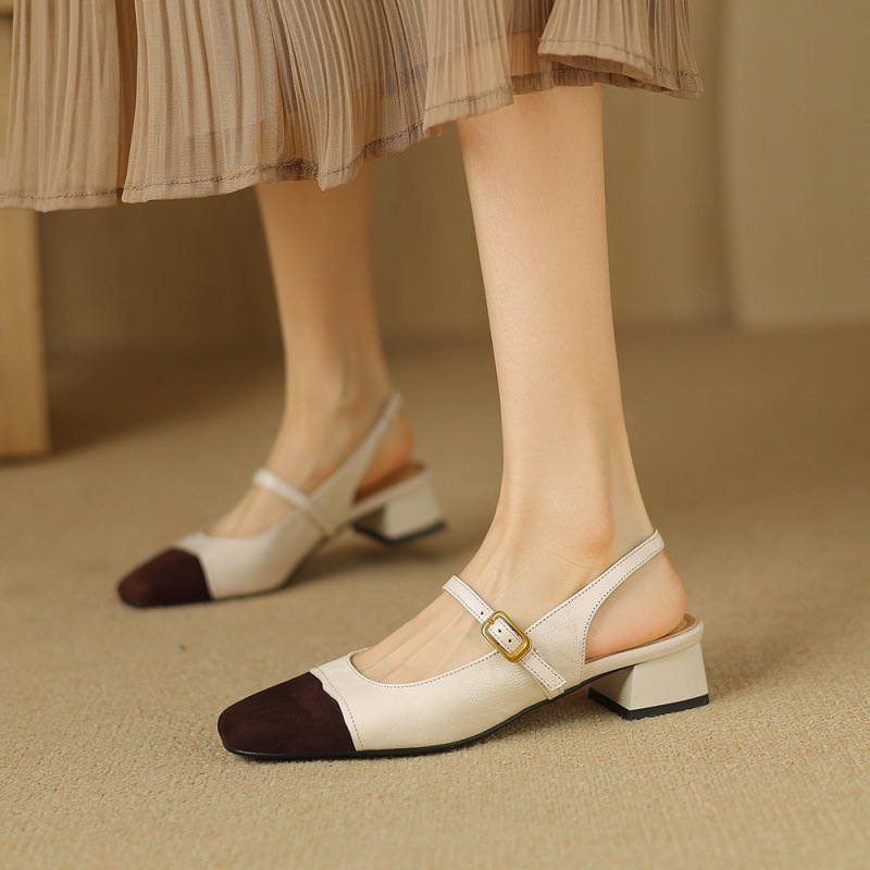 French Retro Color Matching Square Toe Back Empty Closed Toe Sandals foto 3