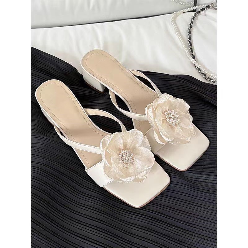 Fashion Flower Chunky Heel Square Toe One-line Women's Sandals foto 3