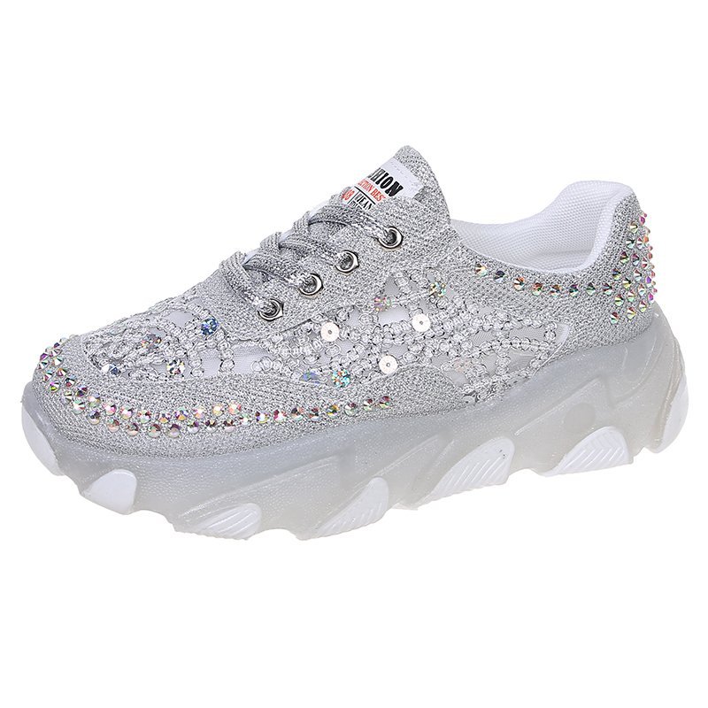 Womens Breathable Mesh Rhinestone Chunky-soled Trendy Dad Shoes foto 5