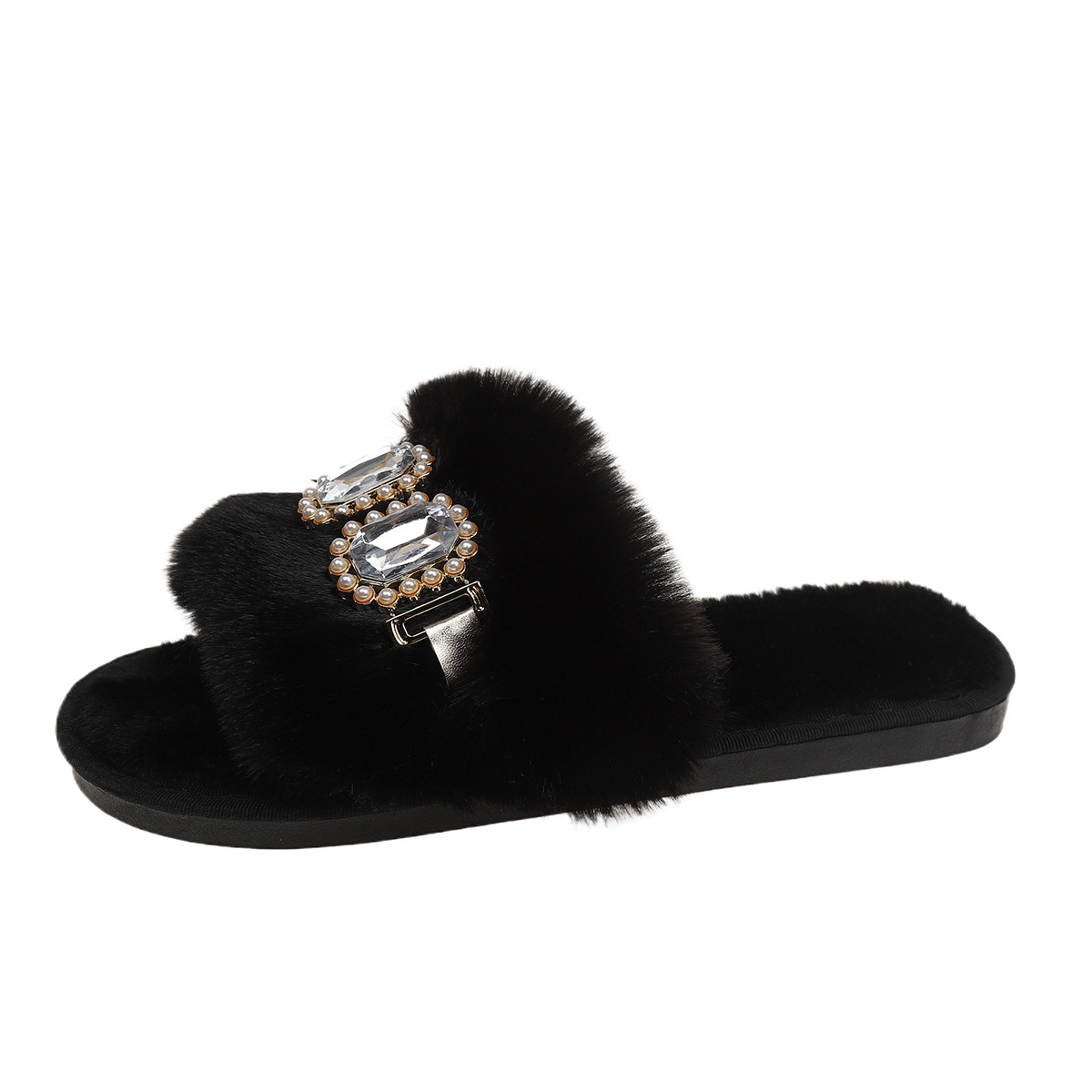 Pearl Rhinestone Chain Fluffy Slippers Women's Fashion Home Warm Flat Heel foto 4