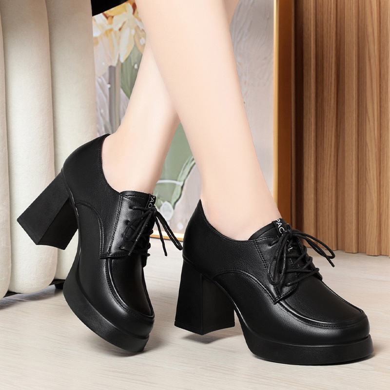 New Spring Autumn Lace-Up Deep-V Shallow-Shoe Soft Leather Chunky Heel Platform Elegant High Heels For Women foto 4