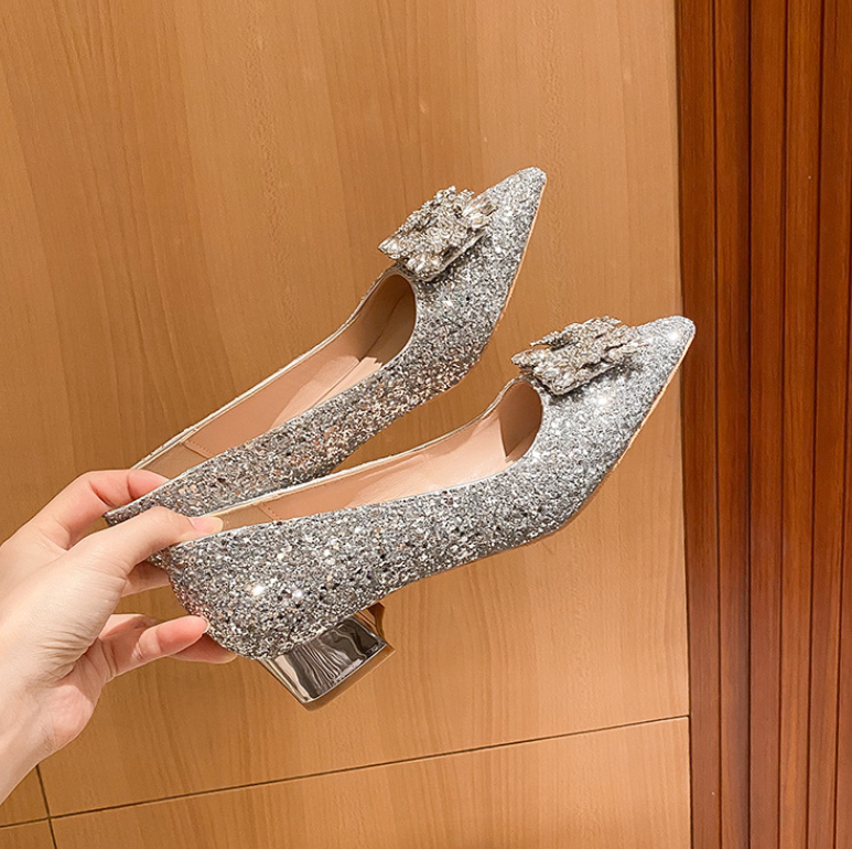 Silver French Style Mid Heel Ladies New Square Buckle Large Size Plus Sizes Pumps foto 2