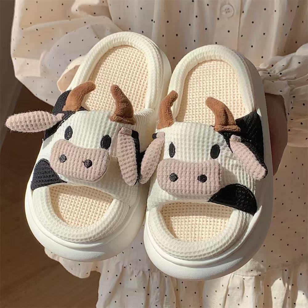 Cute Cow Linen Slippers For Women foto 3