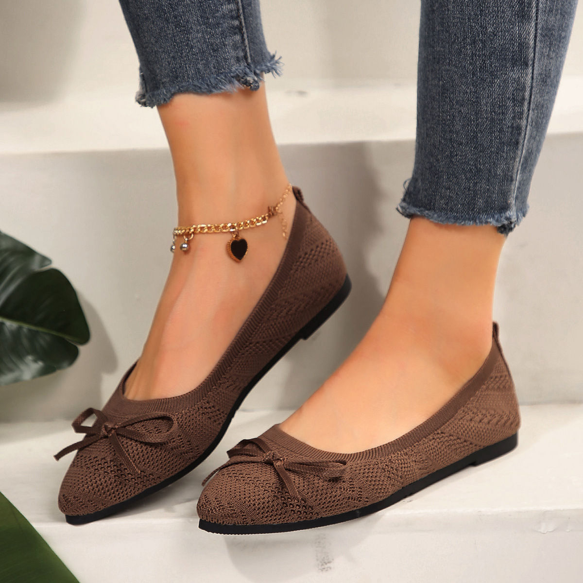 Bow Knitted Loafers Ins Fashion Pointed-toed Flats Shoes For Women foto 2