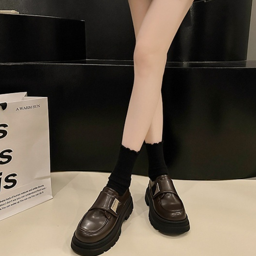 Women's Black Chunky Heel Leather Shoes British Style foto 3