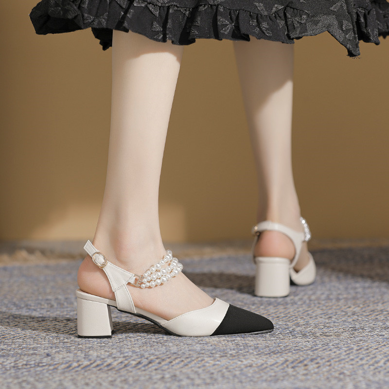 Pointed Toe Chunky Heel High Heels Plus Size Buckle Pearl Sandals foto 3