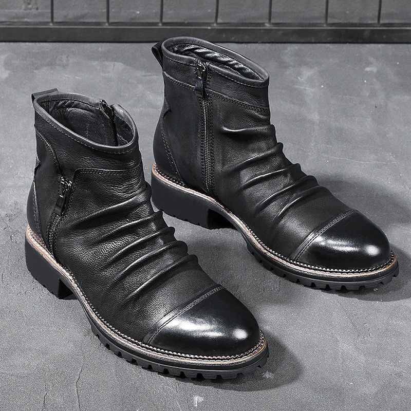 Retro Round Toe PU Leather Side Zipper Martin Chunky Heel Ankle Boots foto 3