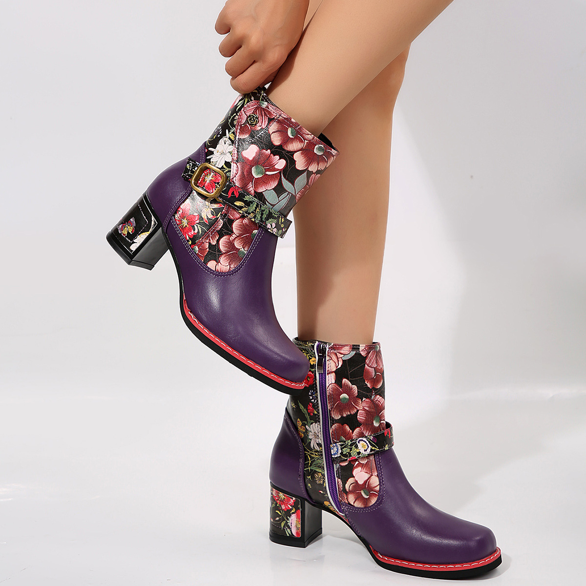 Women's Printed Stitching Round Head Thick Bottom Bootie foto 2