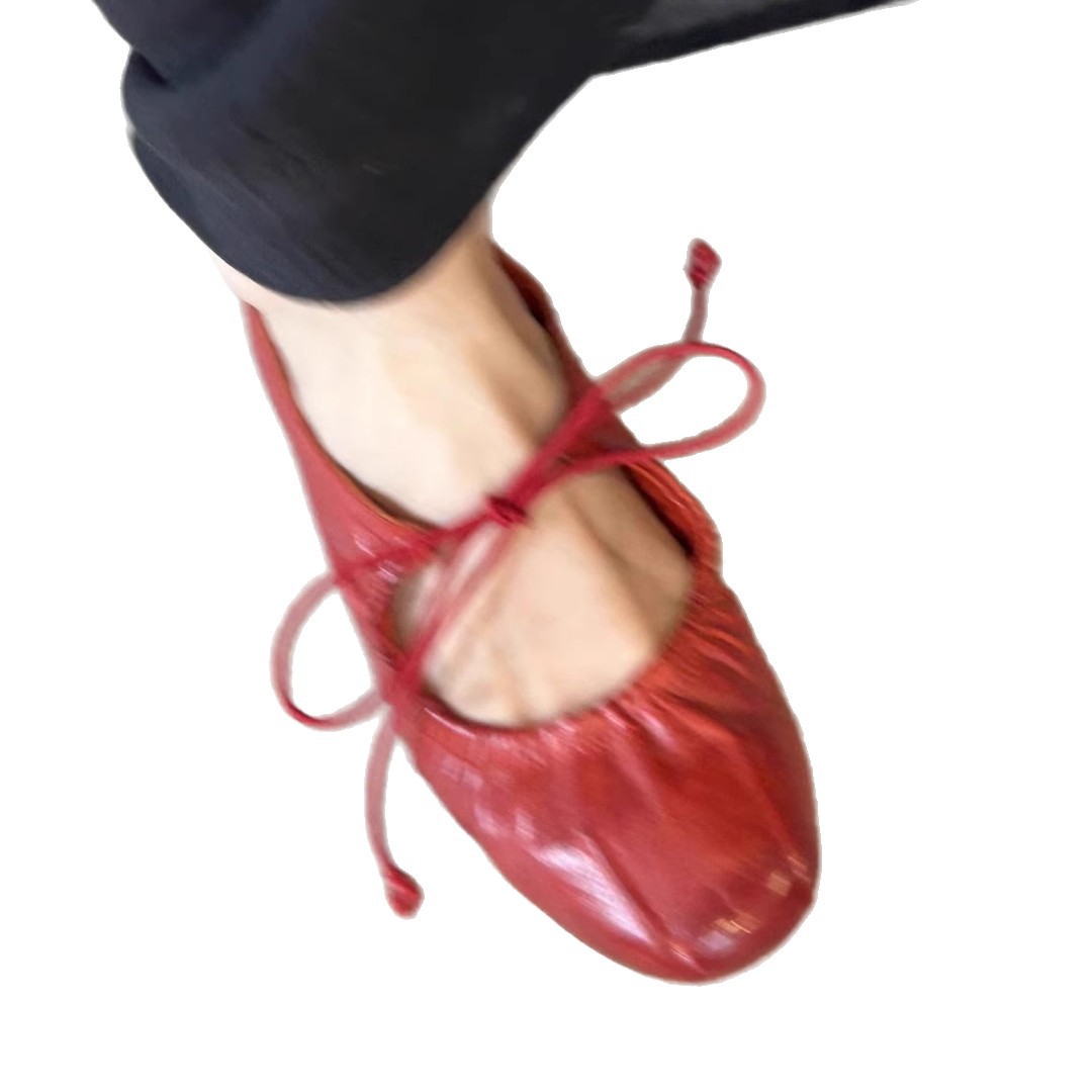 Wrinkled Strappy Ballet Flats Round Toe Low Heel Mary Jane Flat Shoes foto 2