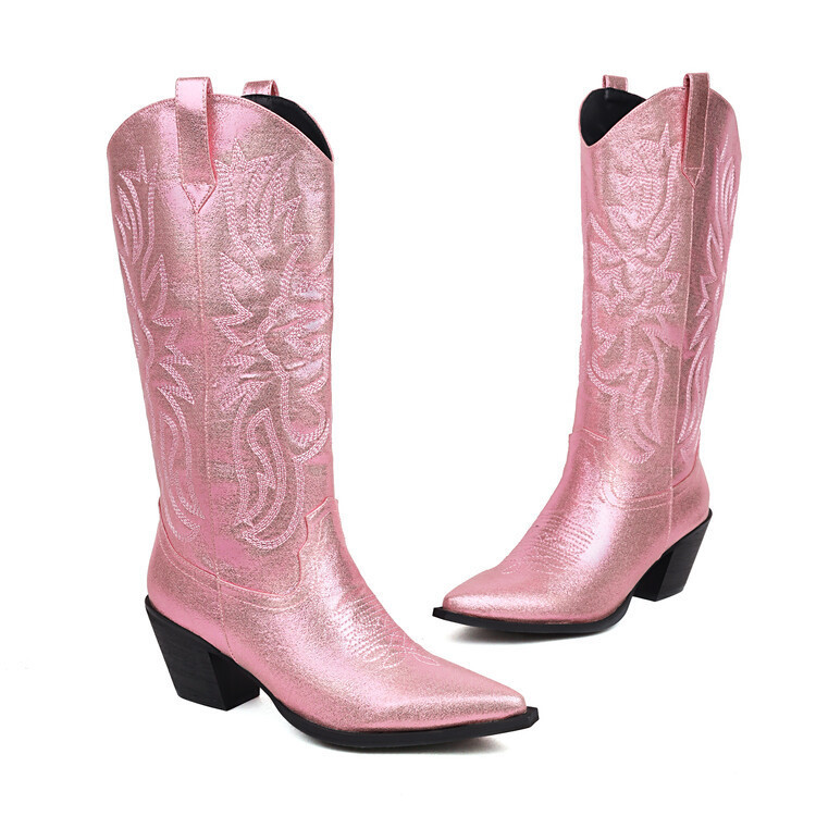 Tall Western-style Boots Adorned With Embroidered, Shimmering Fabric foto 3