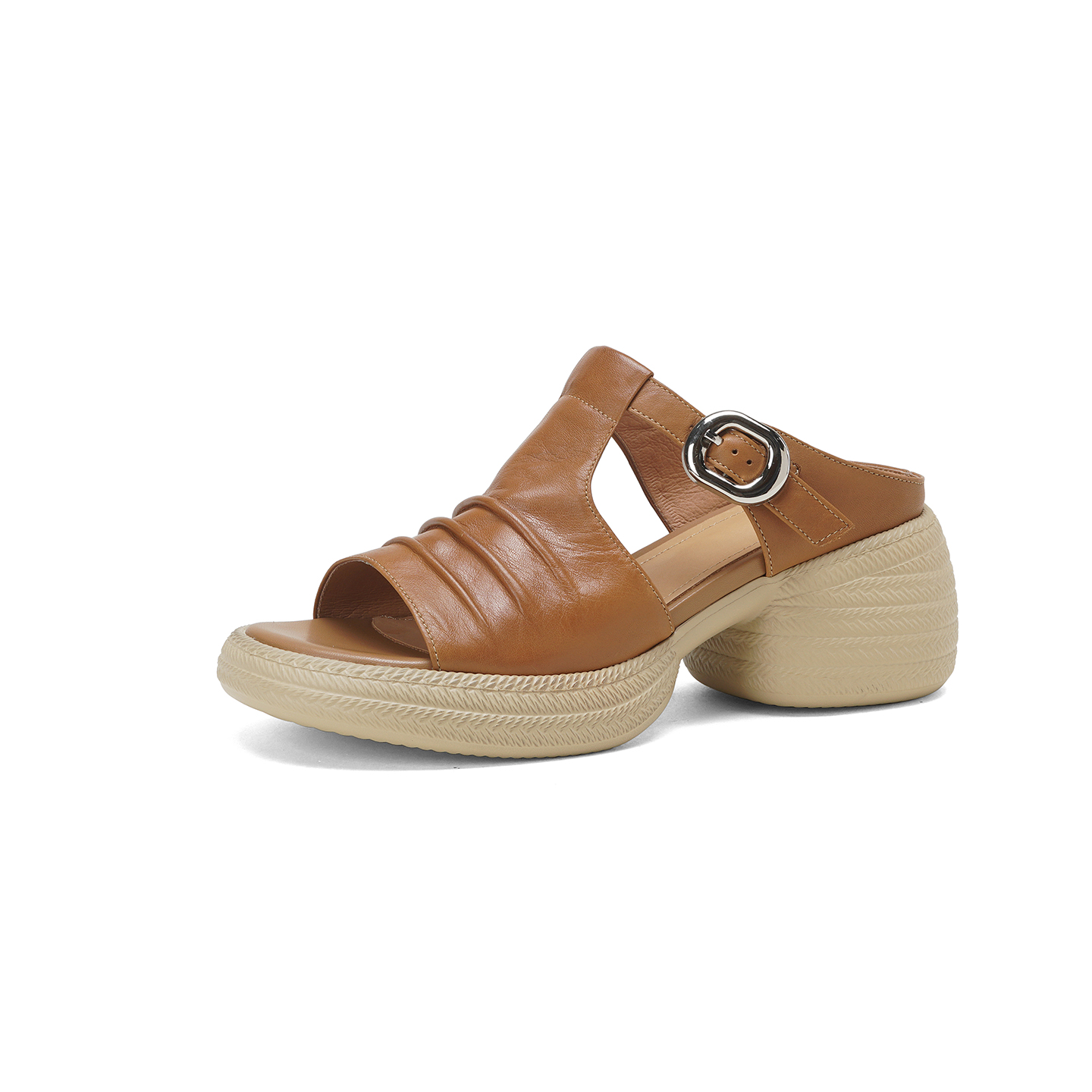 Women's Handcrafted Full-Grain Leather Ruched T-Strap Platform Mule Sandals, Chunky Heel Slides With Buckle foto 2