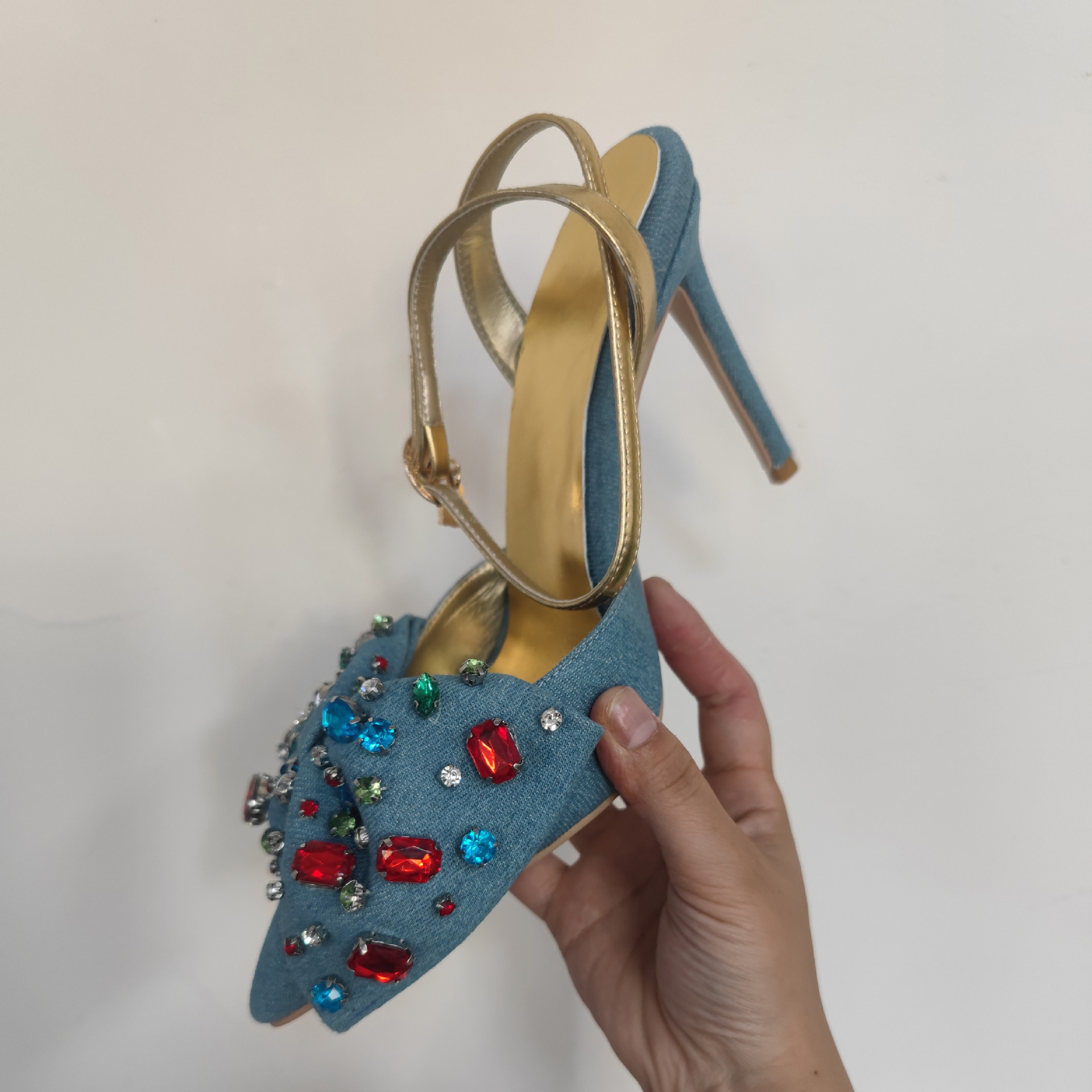Bow Rhinestone Pointed Toe Closed Toe High Heel Plus Size Sandals foto 4