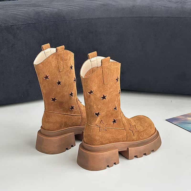 Five-star Hollow-out Platform Western Denim Ankle Boots foto 3