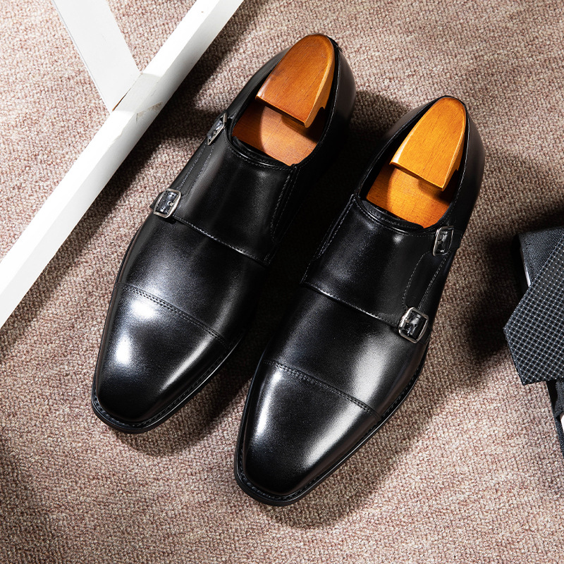 Double Buckle Design First Layer Cowhide Men's Business Leather Shoes foto 3