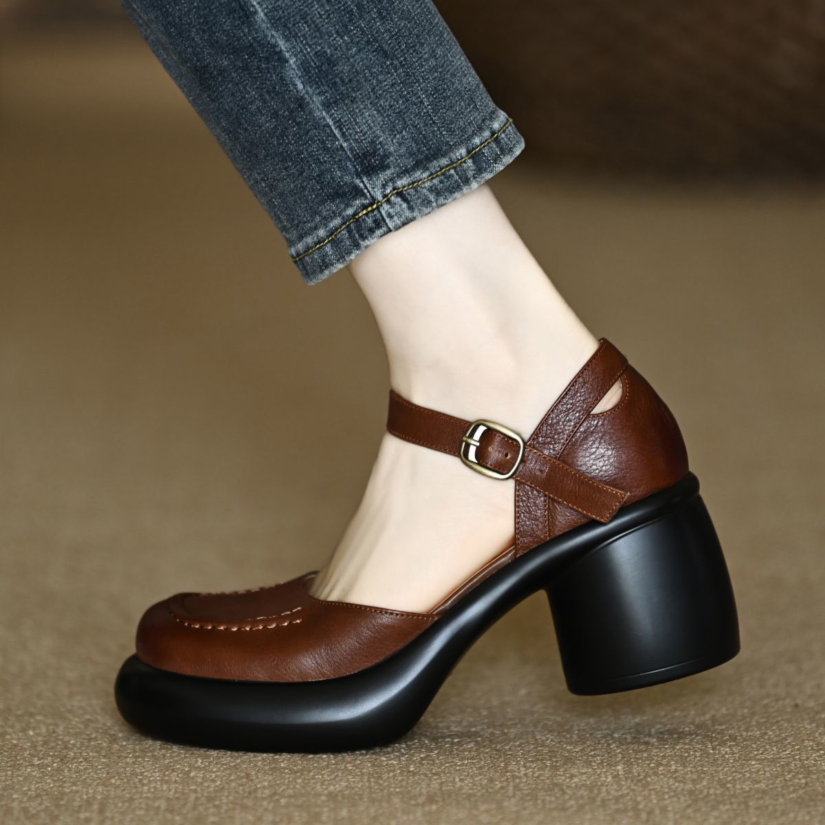 Closed Toe Thick Heel Ankle-strap Shallow Mouth foto 5