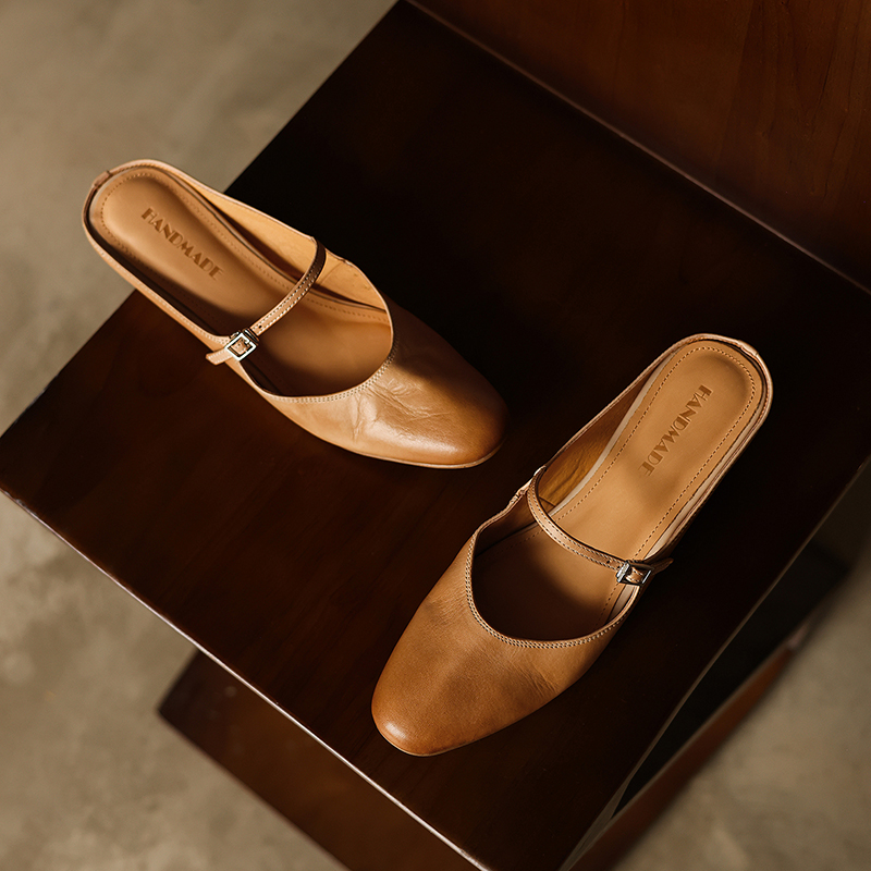 Women's Washed Full Grain Leather Mary Jane Mules, Low Heel Square Toe Slide Sandals