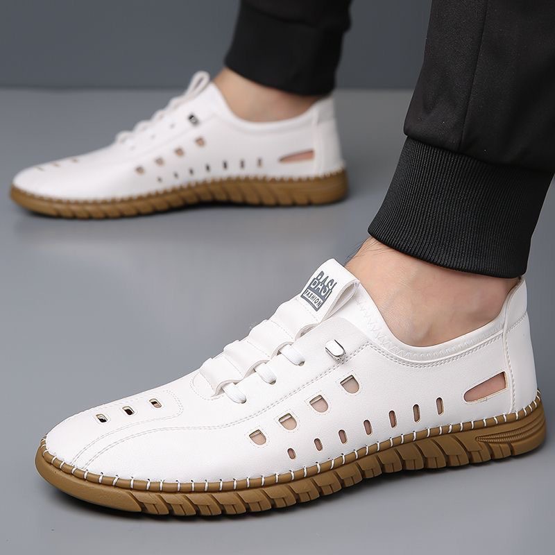 Hollow Breathable White Shoes Hole Shoes Soft Bottom Men Slip-on Leather Sandals foto 4