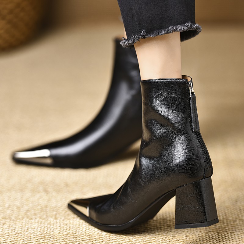 Pointed-toe Chunky-heel Leather Ankle Boots For Women Chic And Vintage foto 4