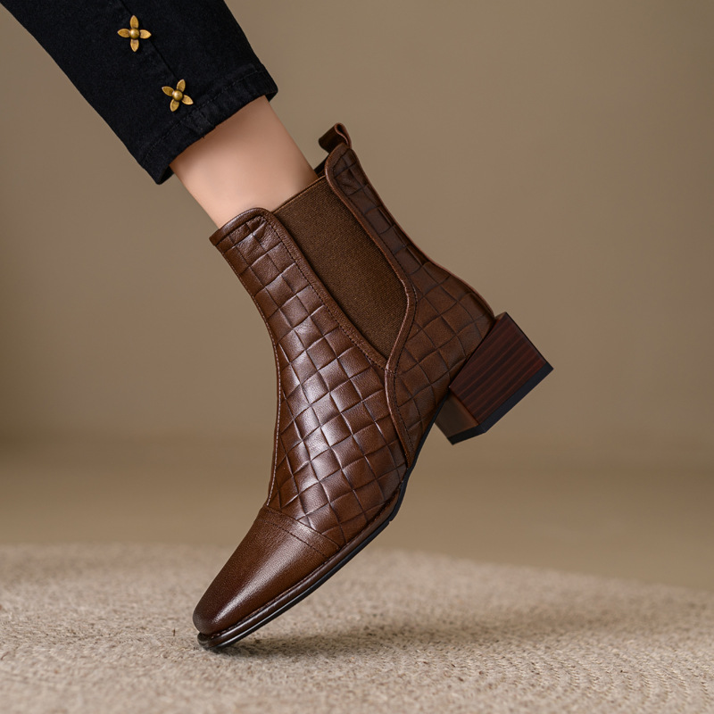 Retro Woven Square-toe Chunky-heel Womens Full-grain Leather Boots With Elastic Side Panels foto 4
