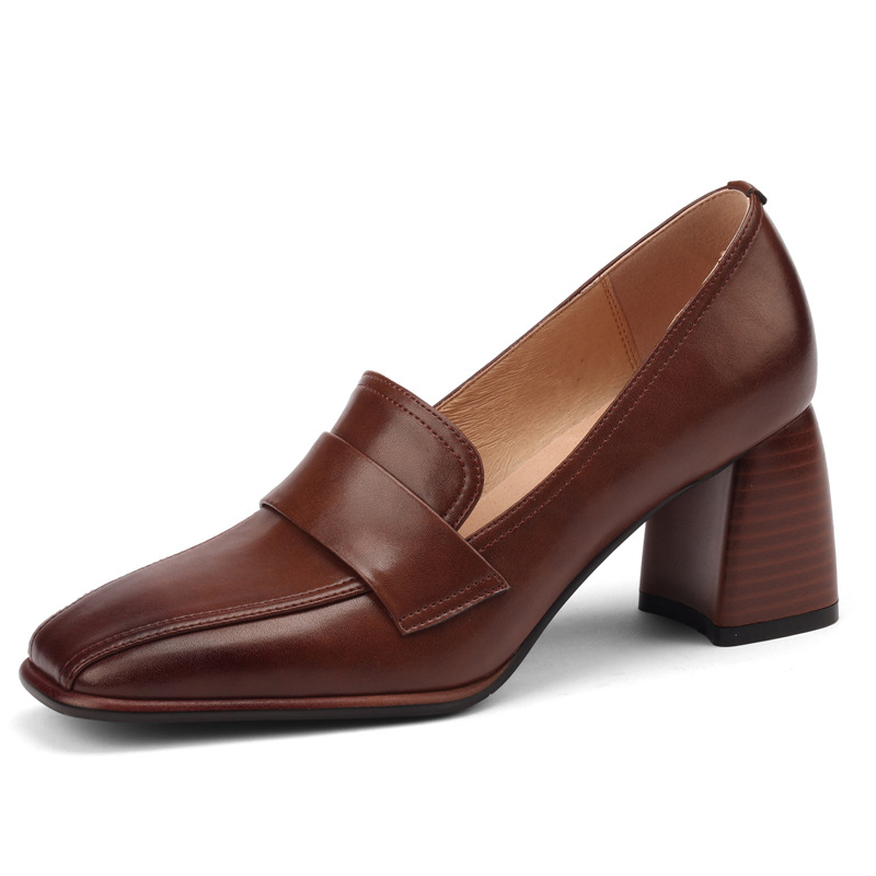 Retro Brown Chunky-Heel Pumps Women's Sheepskin foto 5
