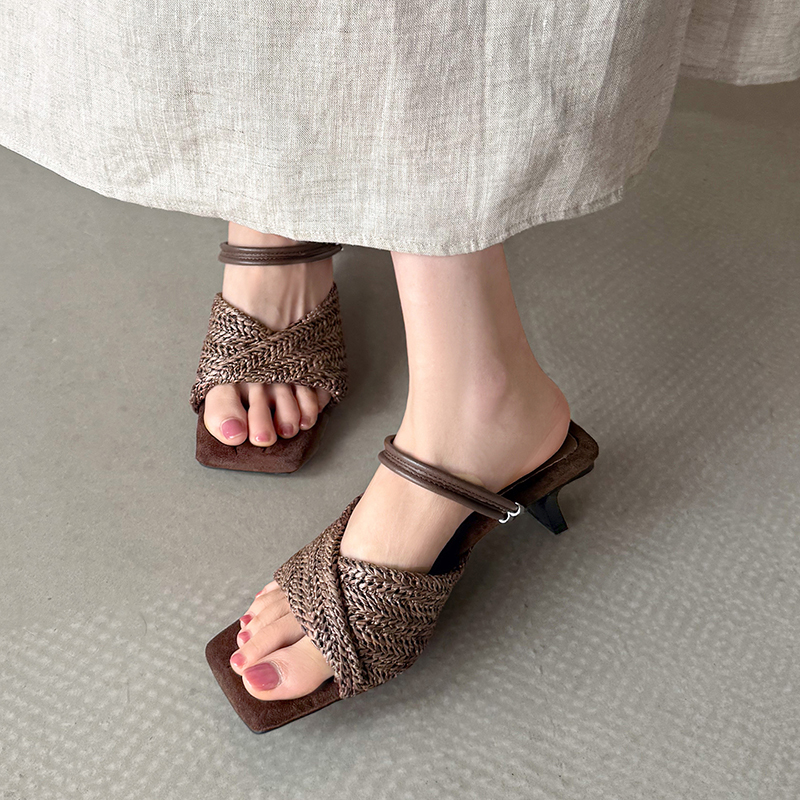 Women's Handmade Woven Raffia Two-Way Kitten Heel Sandals, Square-Toe Convertible Mule Slides foto 2