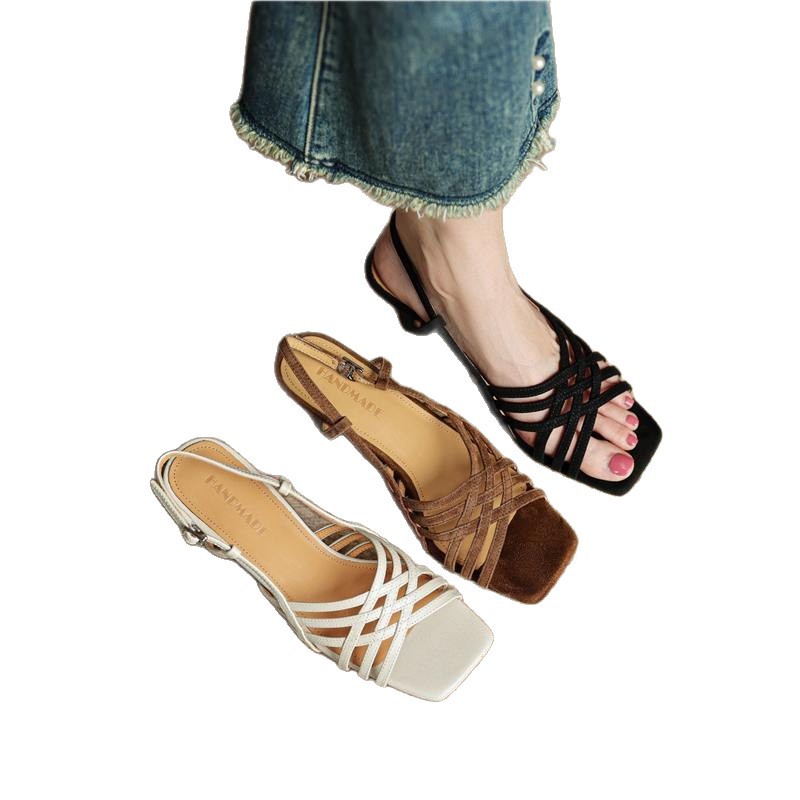 Retro Soft Leather Thin Cross Straps High Heel Sandals foto 5