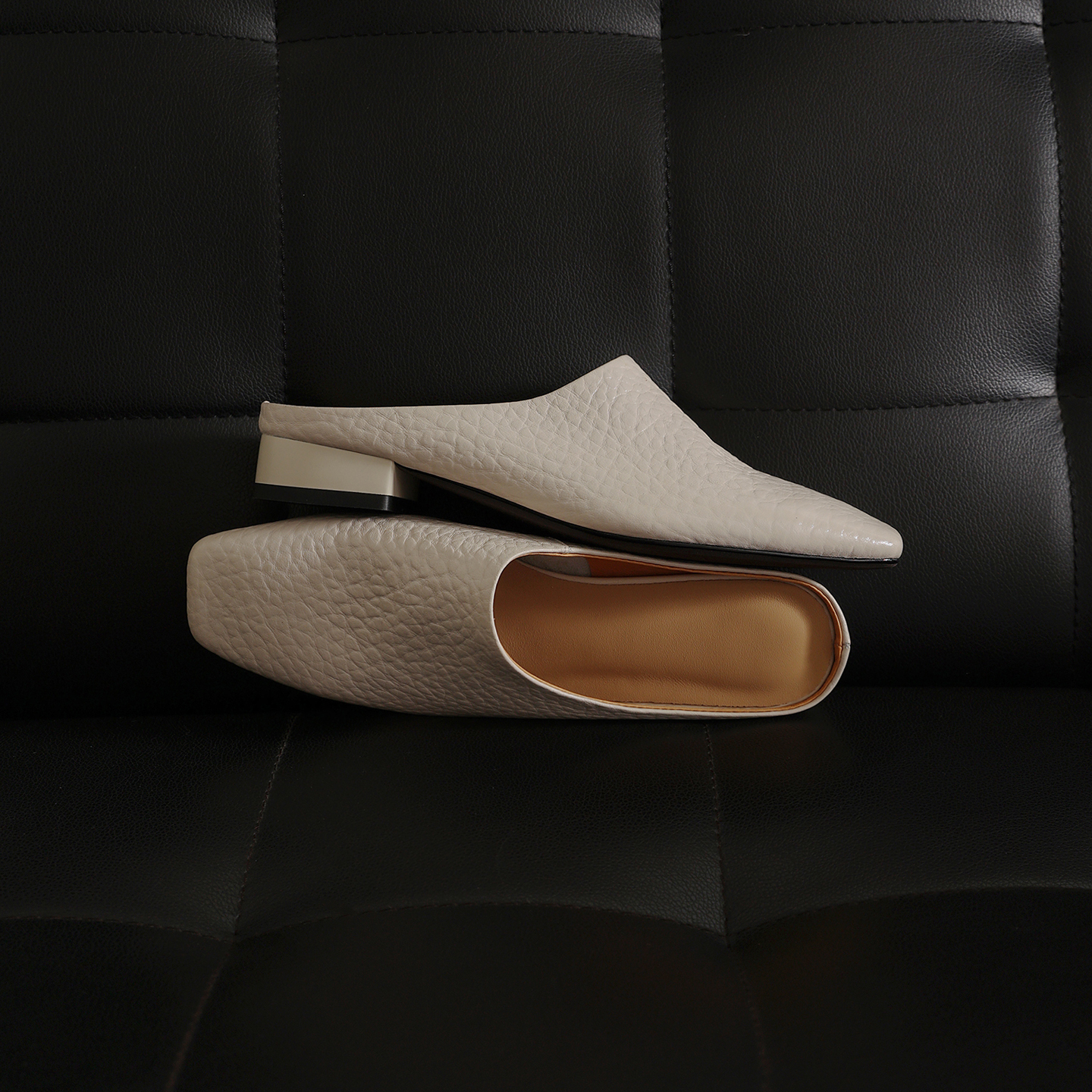 Women's Premium Full-Grain Cowhide Square Toe Mules, Low Block Heel Slip-On Backless Shoes foto 3