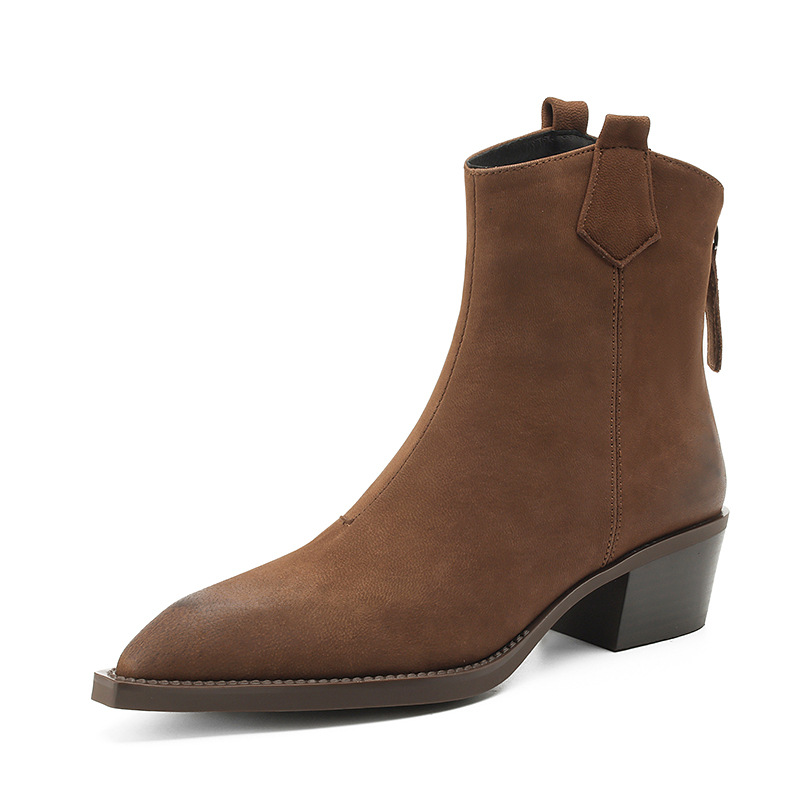 Women's Martin Boots Retro Light Brown Pointed Toe Chunky Heel Ankle Boots Winter New Style foto 2