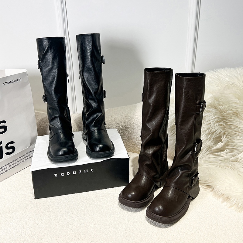 Belt-buckle Square-toe Pleated Mid-calf Womens Boots foto 3