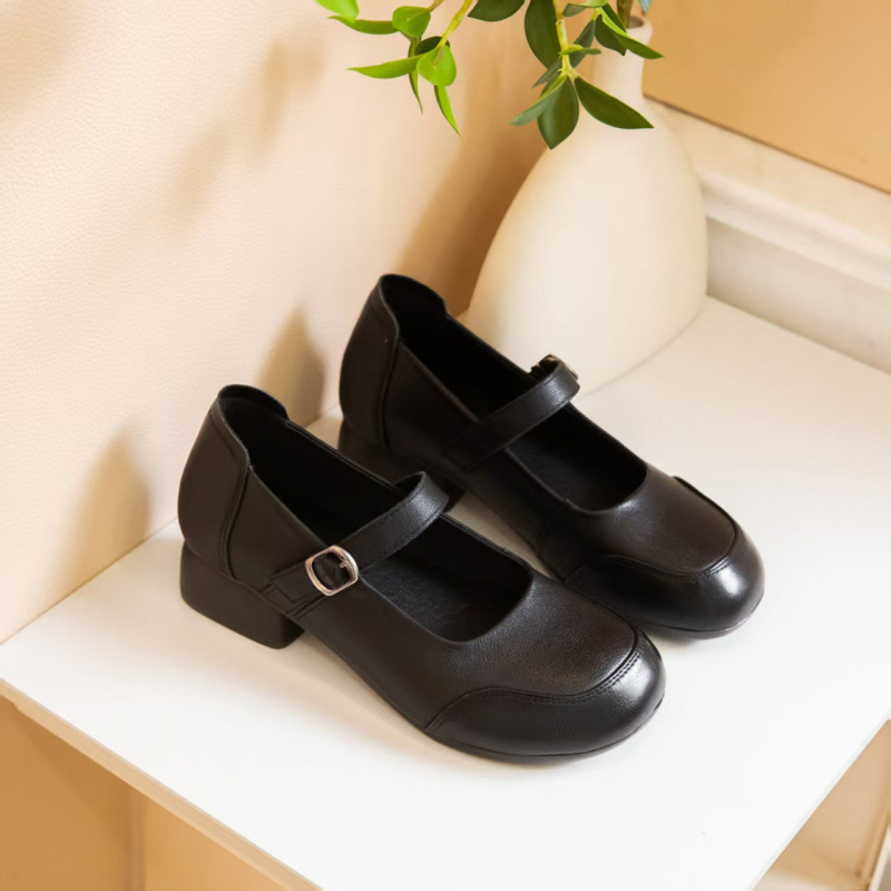 SpringSummer New Arrival Round-toe Chunky-heel Soft-soled Casual Versatile Leather Shoes