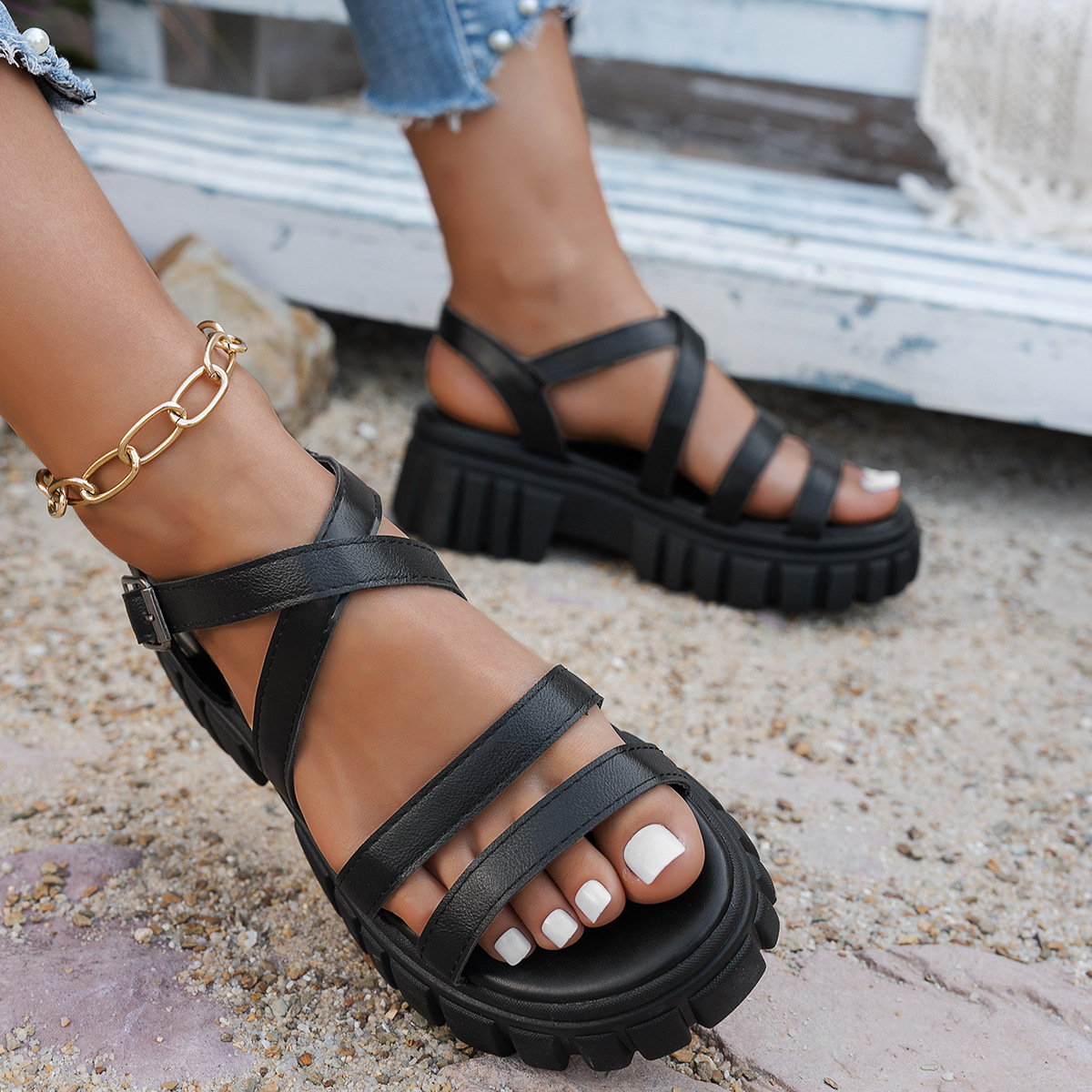 Platform All-match Hollowed-out Mid-heel Strappy Sandals foto 3